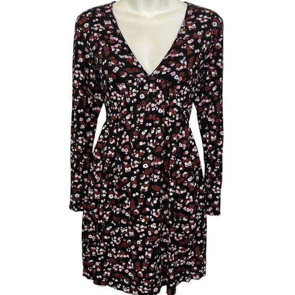 Wednesdays Girl Womens Black Purple Floral Babydoll Long Sleeve V-Neck Dress XS - Picture 1 of 16